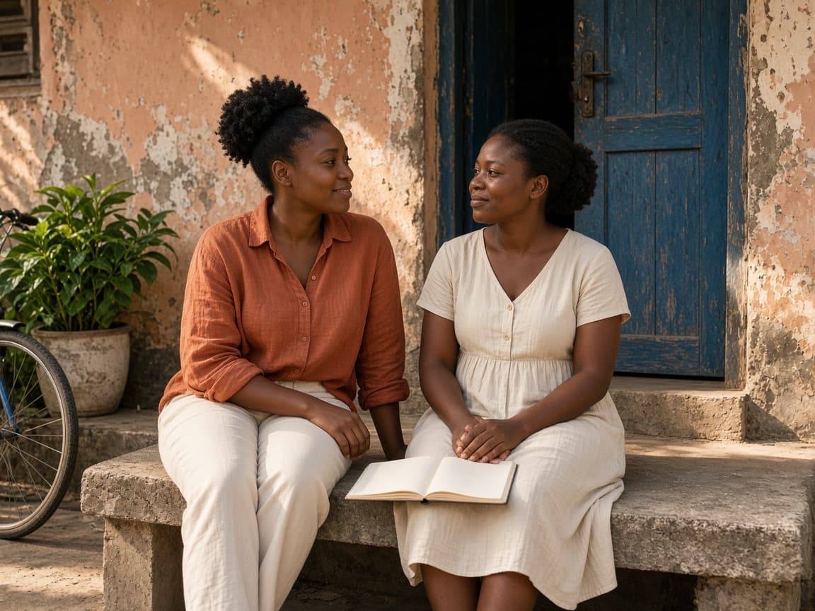 Two women talking on a bench outside a house
