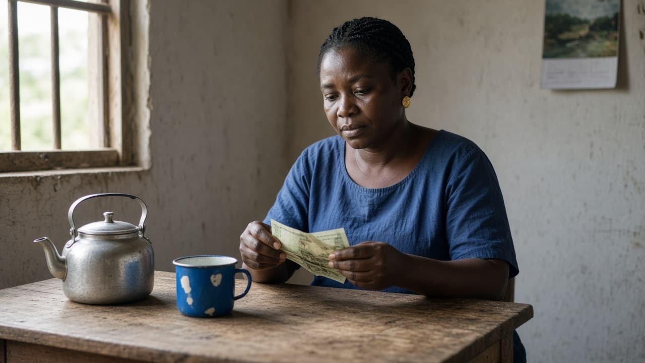 A woman counting notes at her kitchen table in the morning
