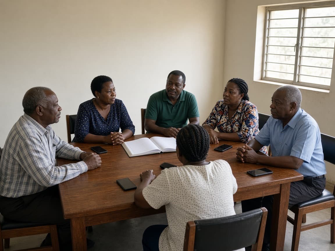 Six neighbours meeting around a table with a ledger