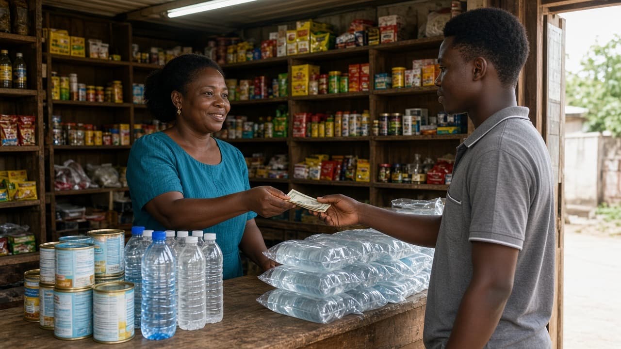 A provision shopkeeper taking a payment across the counter