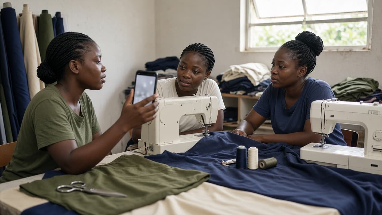 Three women in a sewing studio looking at a phone
