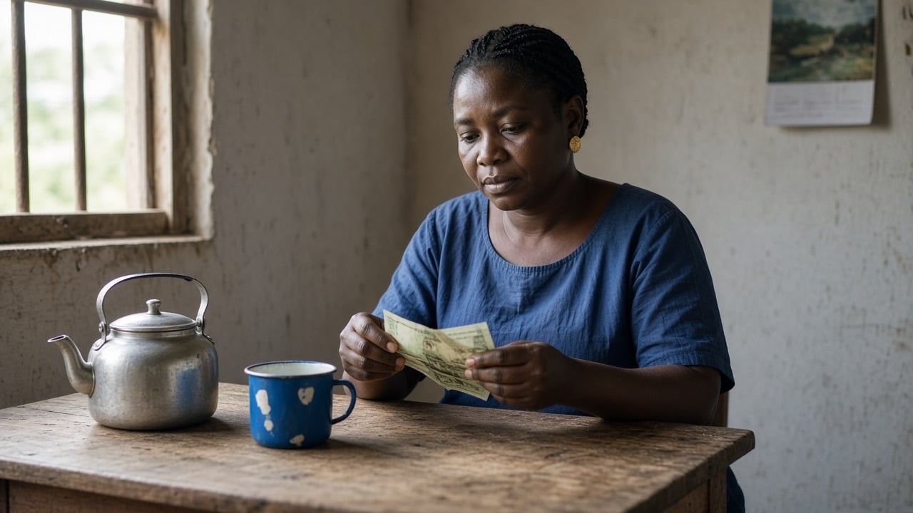 A woman counting notes at her kitchen table