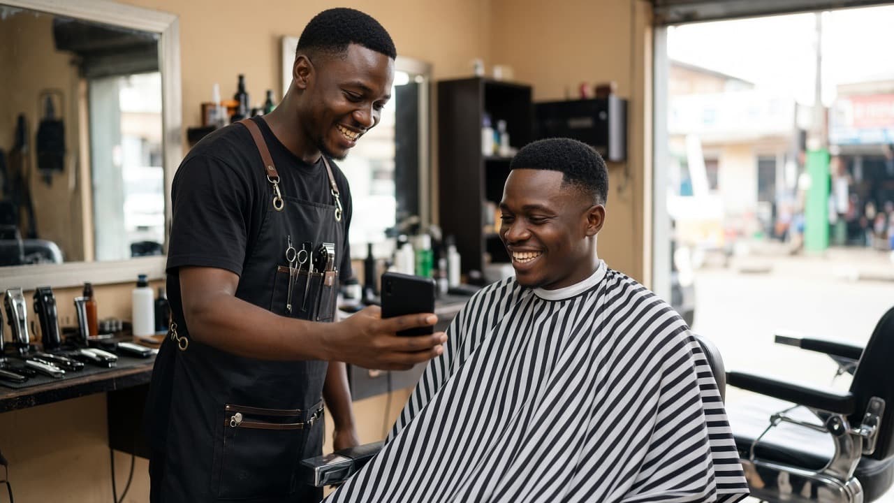A barber and a customer looking at a phone
